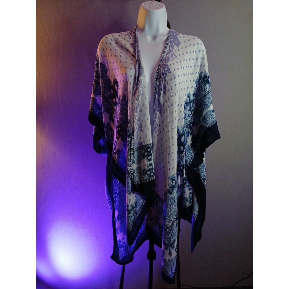 Vince Camuto Womens Kimono Blue Floral Tassel Trim Gauze One Size White O/S T/U